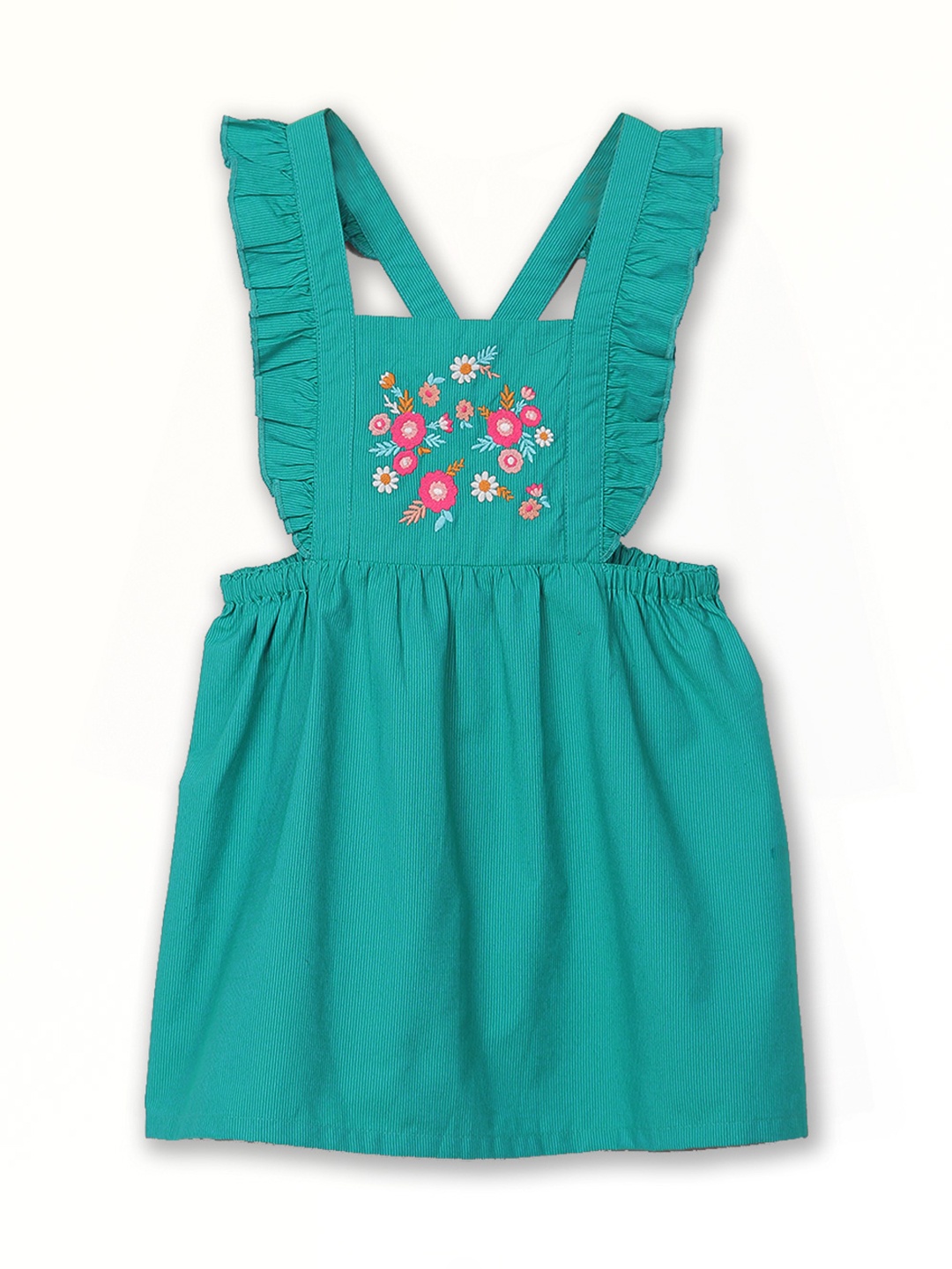 

Beebay Girls Embroidered Square neck Gathered Cotton Fit & Flare Pinafore, Green