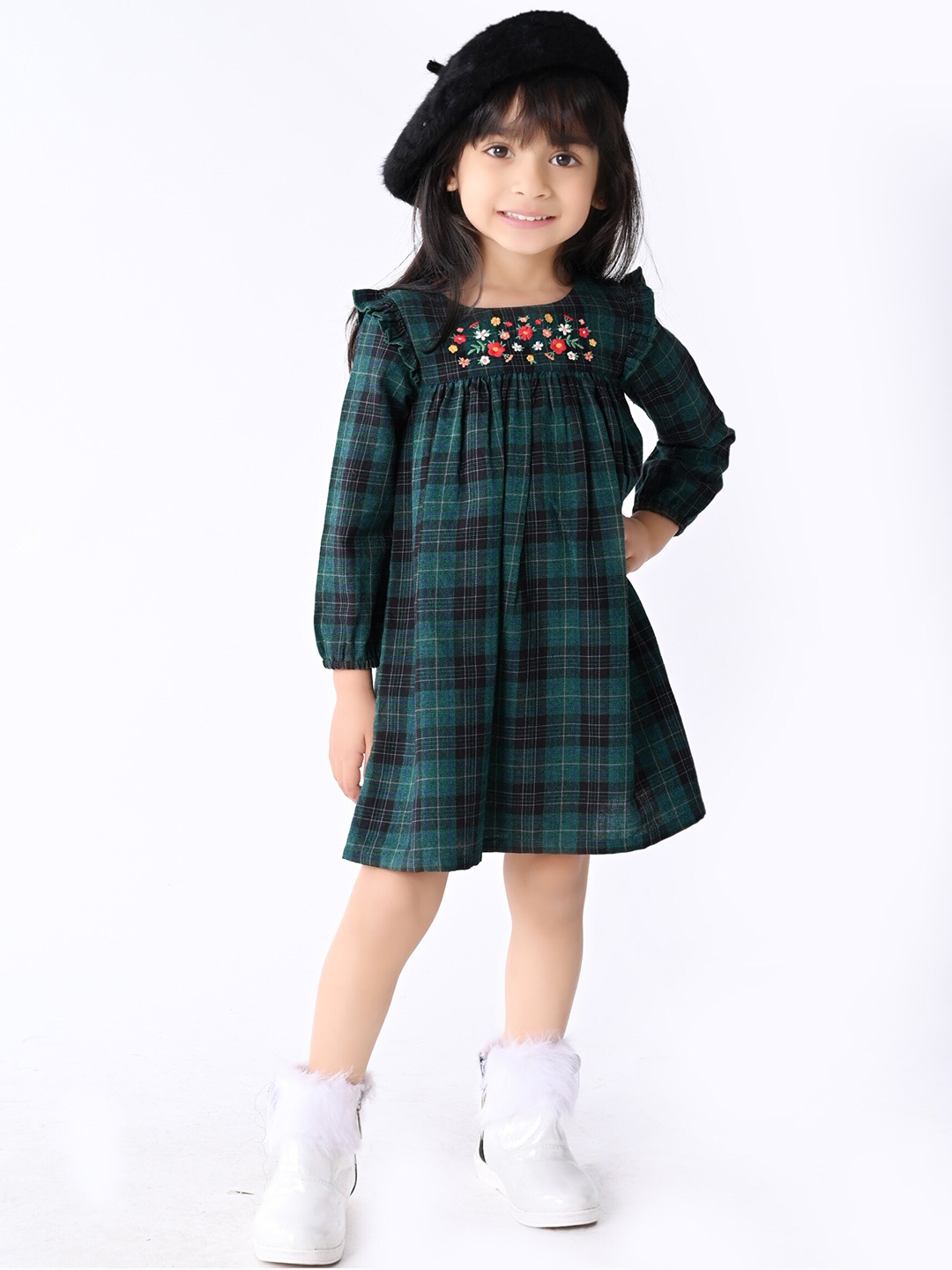 

Beebay Girls Checked Cotton A-Line Dress, Green