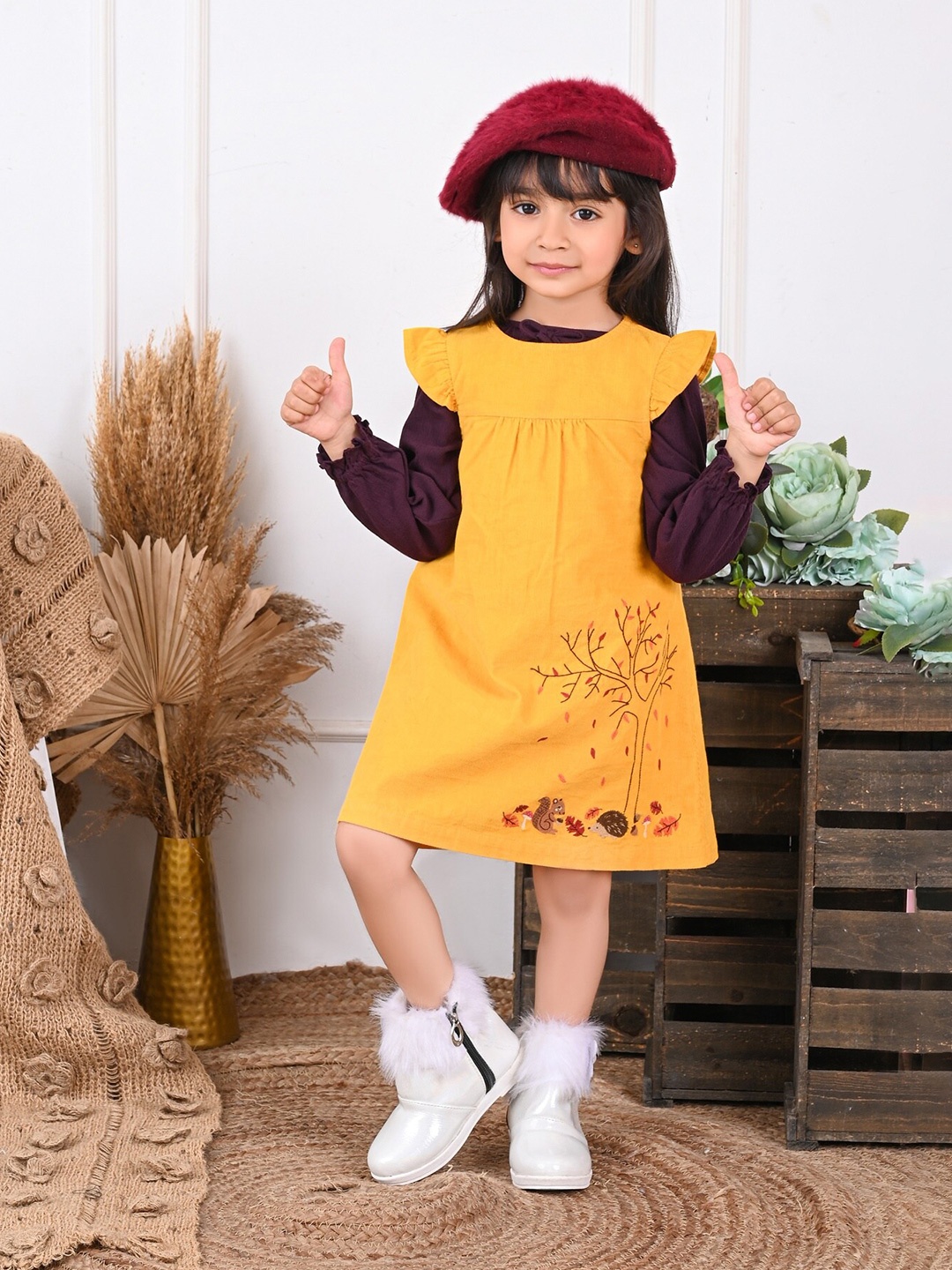

Beebay Girls Embroidered Corduroy Fit & Flare Dress, Yellow