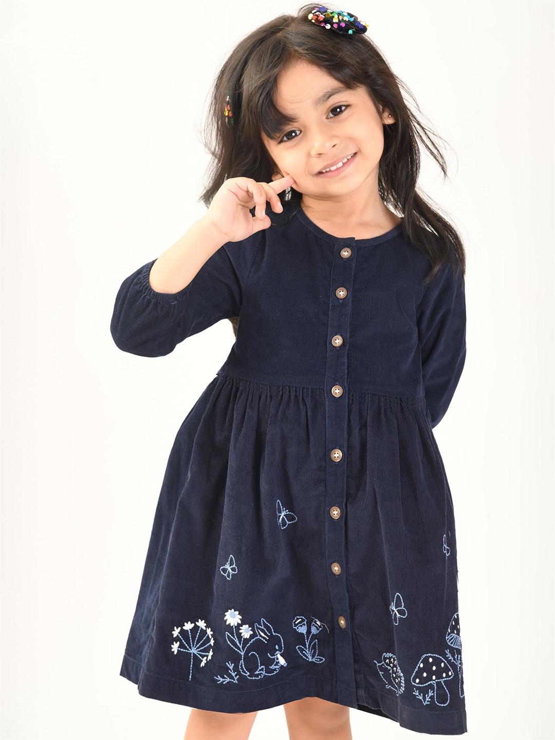

Beebay Girls Embroidered Fit & Flare Corduroy Dress, Navy blue
