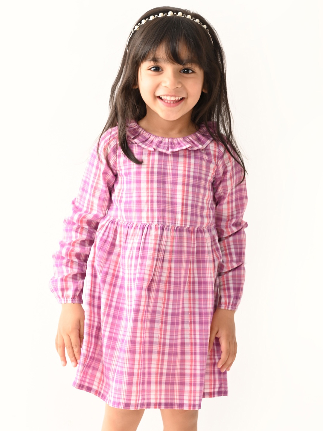 

Beebay Girls Checked Fit & Flare Cotton Dress, Purple