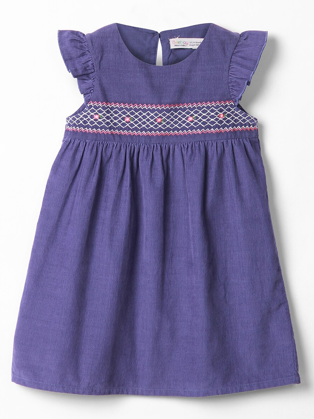 

Beebay Girls Embroidered Smocked Corduroy Fit & Flare Dress, Blue