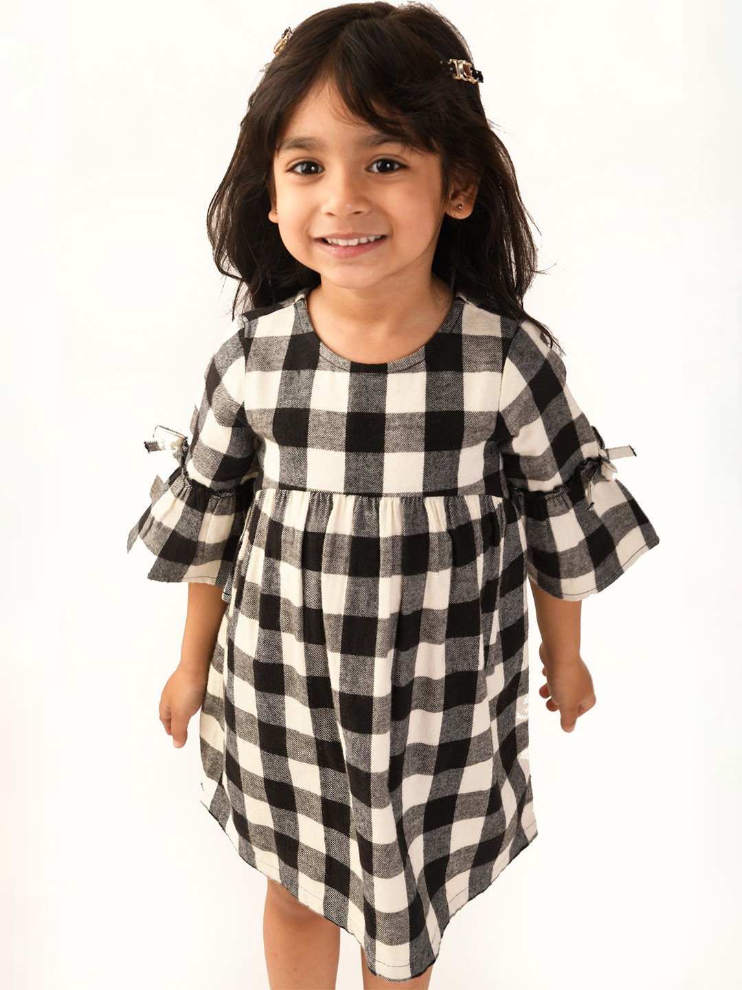 

Beebay Girls Checked Bell Sleeve Cotton Fit & Flare Dress, White