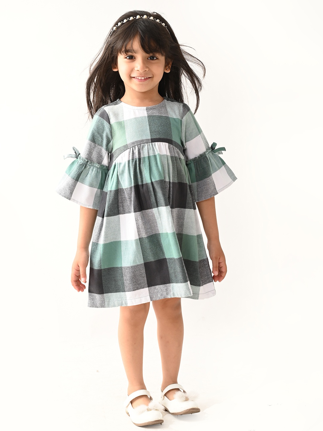 

Beebay Green Girls Cotton Checked Bell Sleeve Fit & Flare Dress