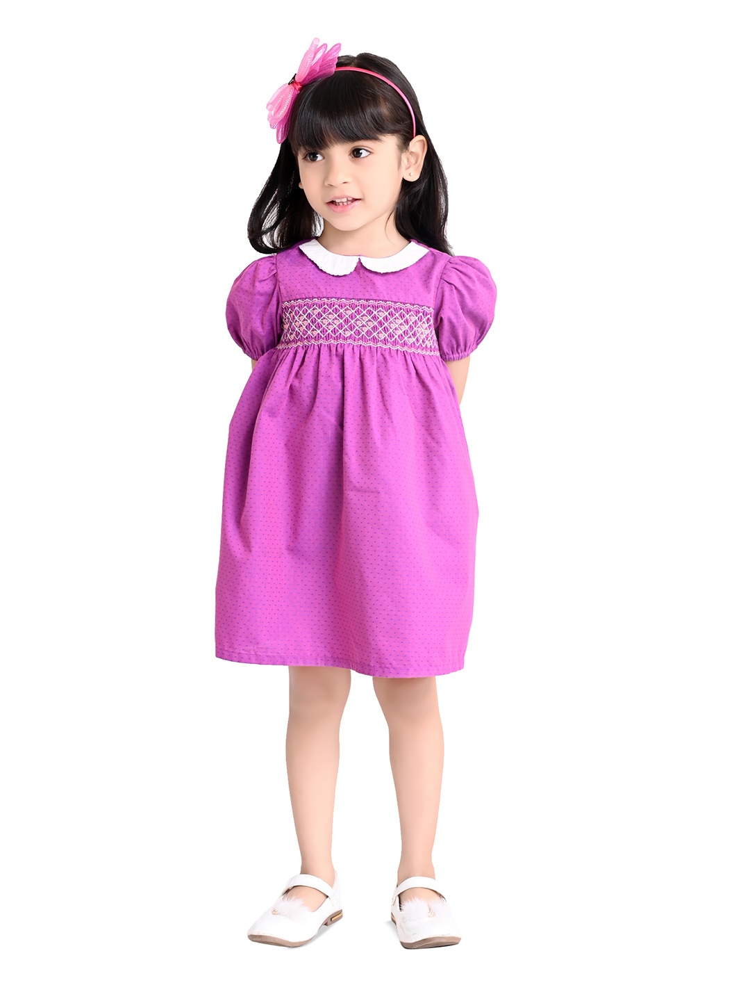 

Beebay Girls Self Design Peter Pan Collar Puff Sleeves Smocked A-Line Cotton Dress, Purple