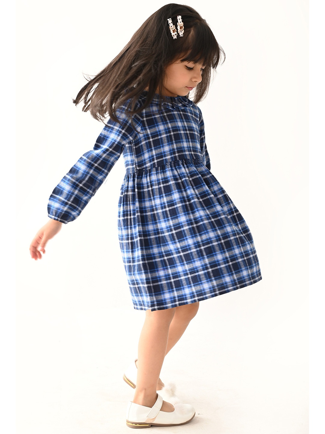 

Beebay Checked Long Sleeves Cotton A-Line Dress, Blue