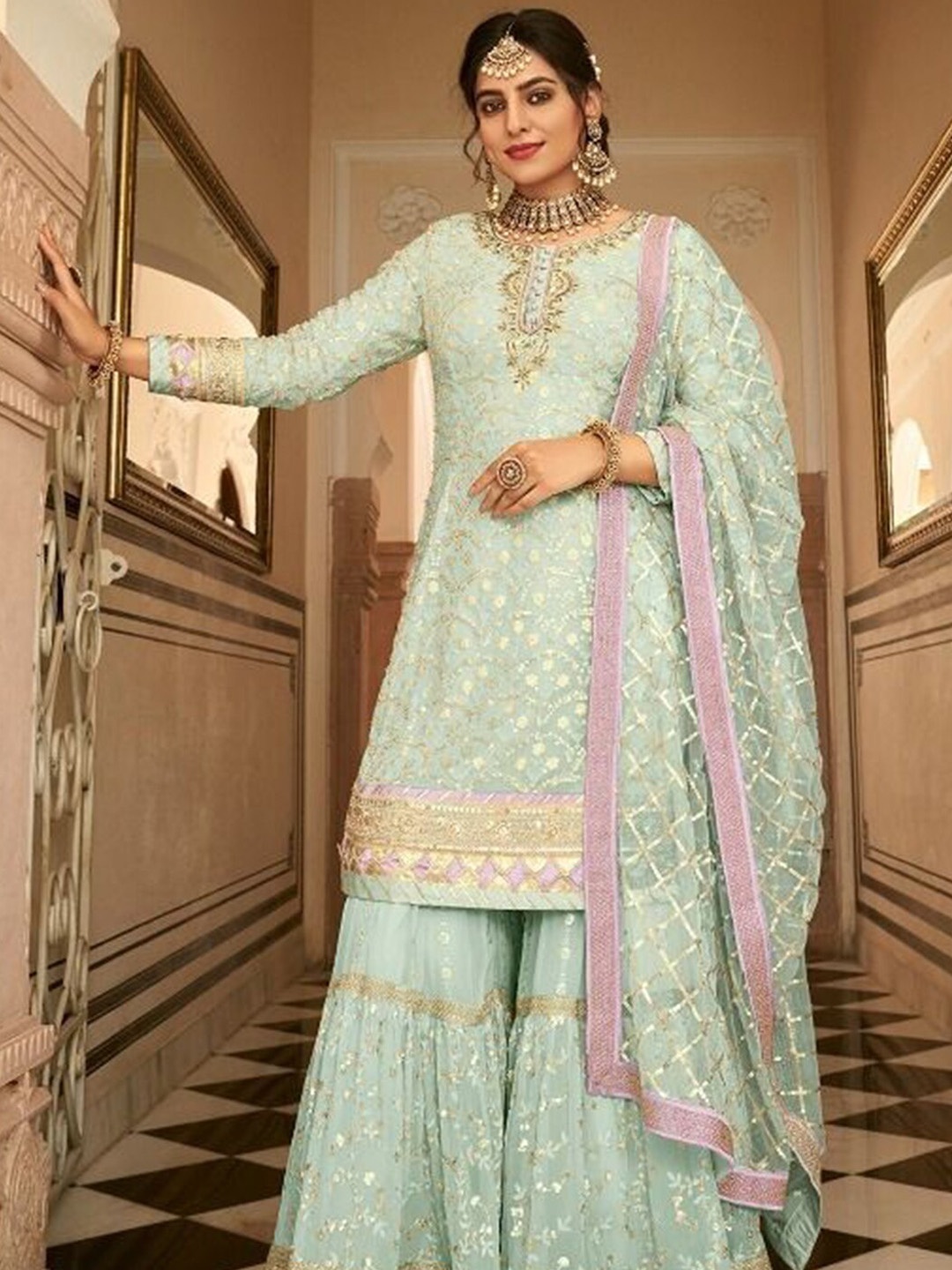 

ODETTE Floral Embroidered Sequinned Kurta With Sharara & Dupatta, Green