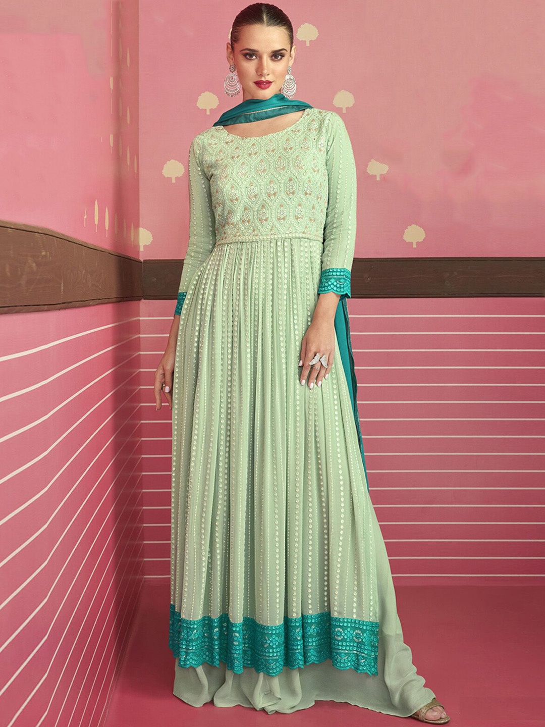 

ODETTE Ethnic Motifs Embroidered Semi Stitched Kurta With Trousers & Dupatta, Green