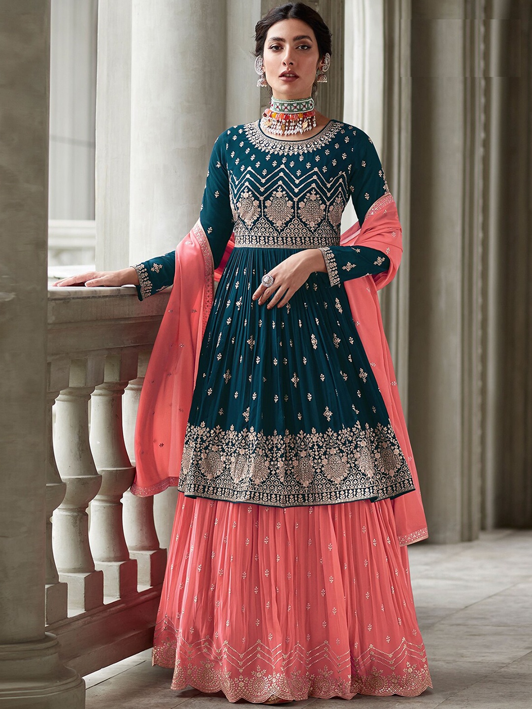 

ODETTE Ethnic Motifs Embroidered Semi Stitched Kurta With Skirt & Dupatta, Green