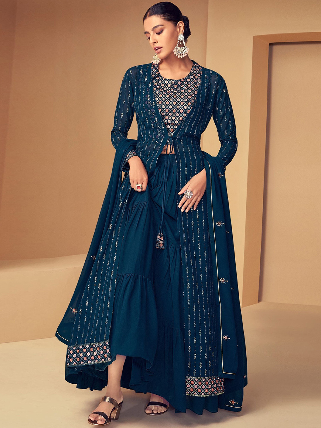 

ODETTE Embroidered Zardozi Top With Skirt & Dupatta, Teal