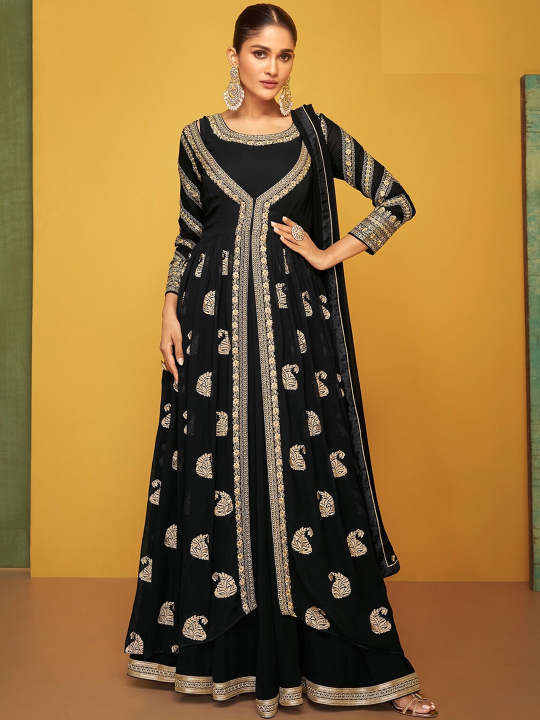 

ODETTE Paisley Embroidered Angrakha Kurti with Skirt & With Dupatta, Black