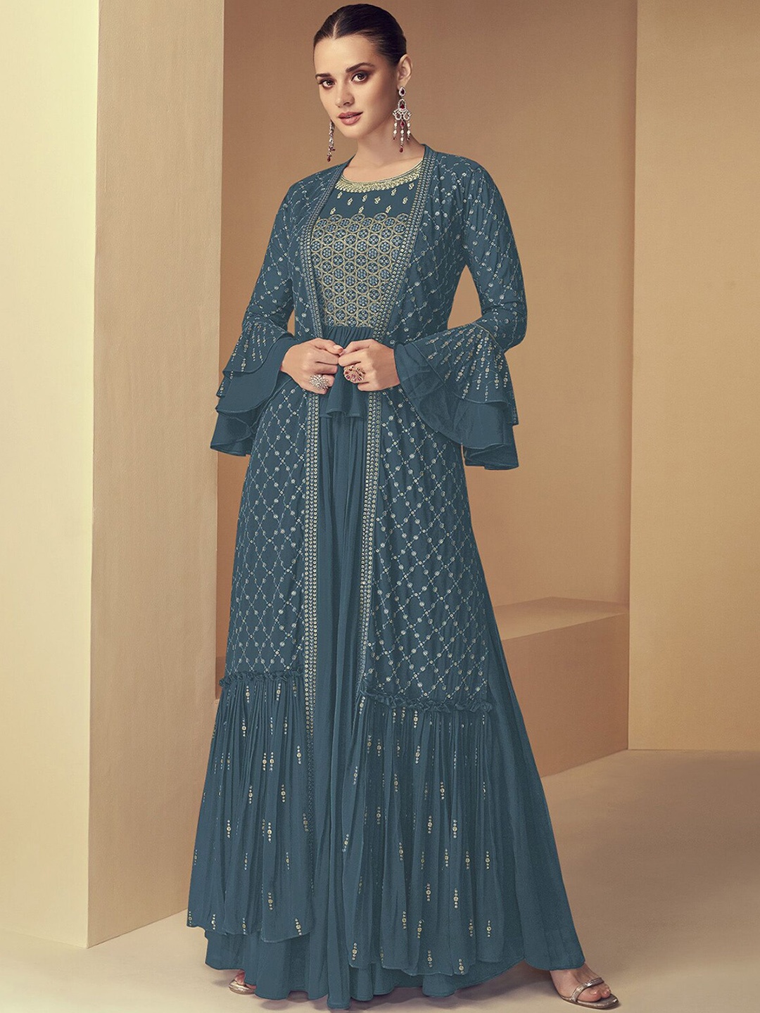 

ODETTE Ethnic Motifs Embroidered Tiered Sequinned Top with Skirt, Grey