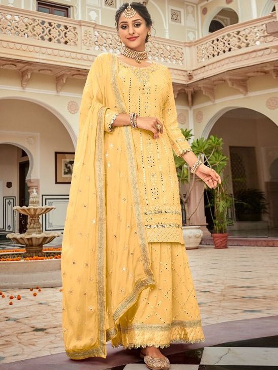 

ODETTE Ethnic Motifs Embroidered Mirror Work Kurta with Sharara & Dupatta, Yellow