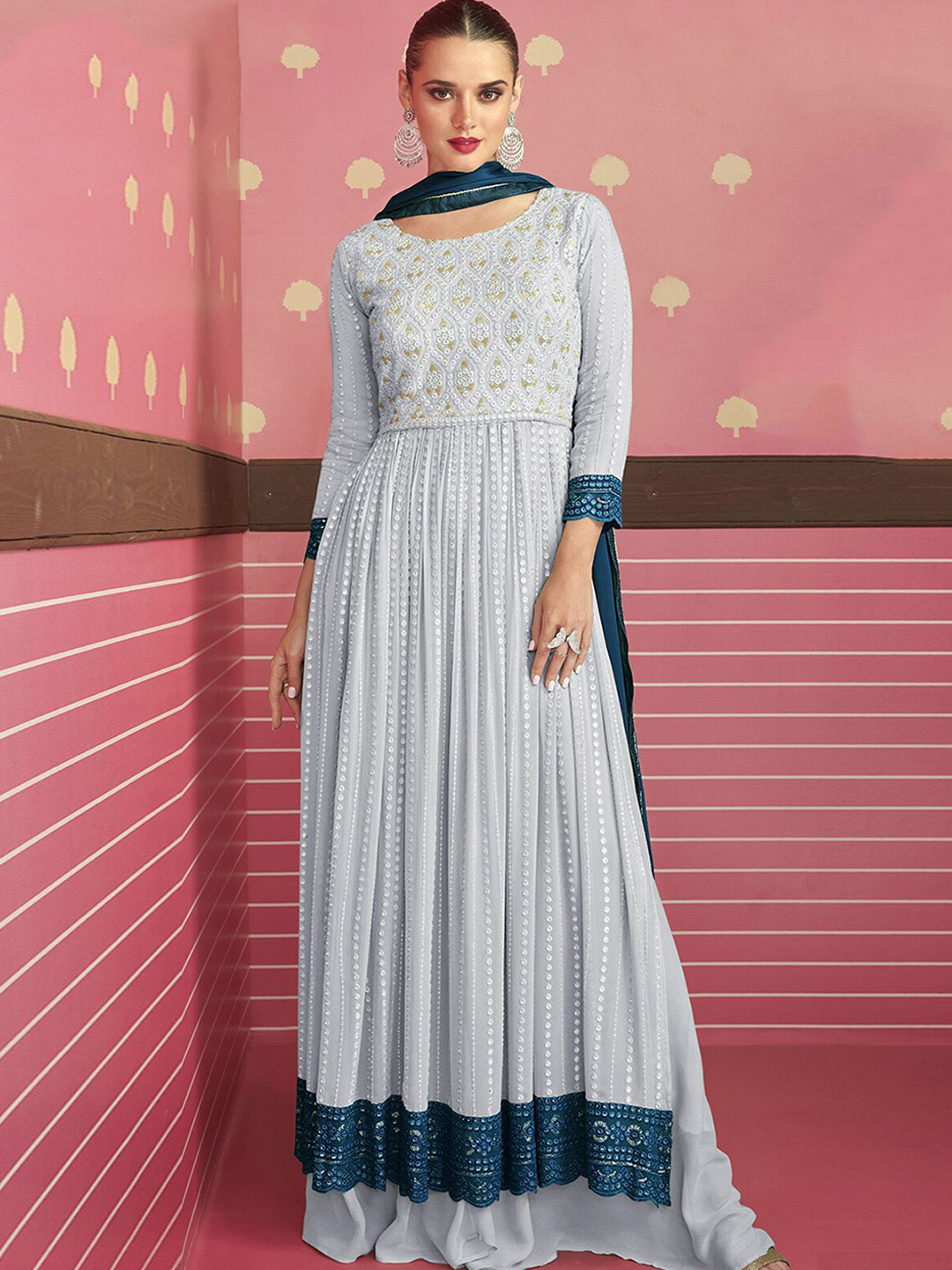 

ODETTE Ethnic Motifs Embroidered Mirror Work Kurta with Skirt & With Dupatta, Grey