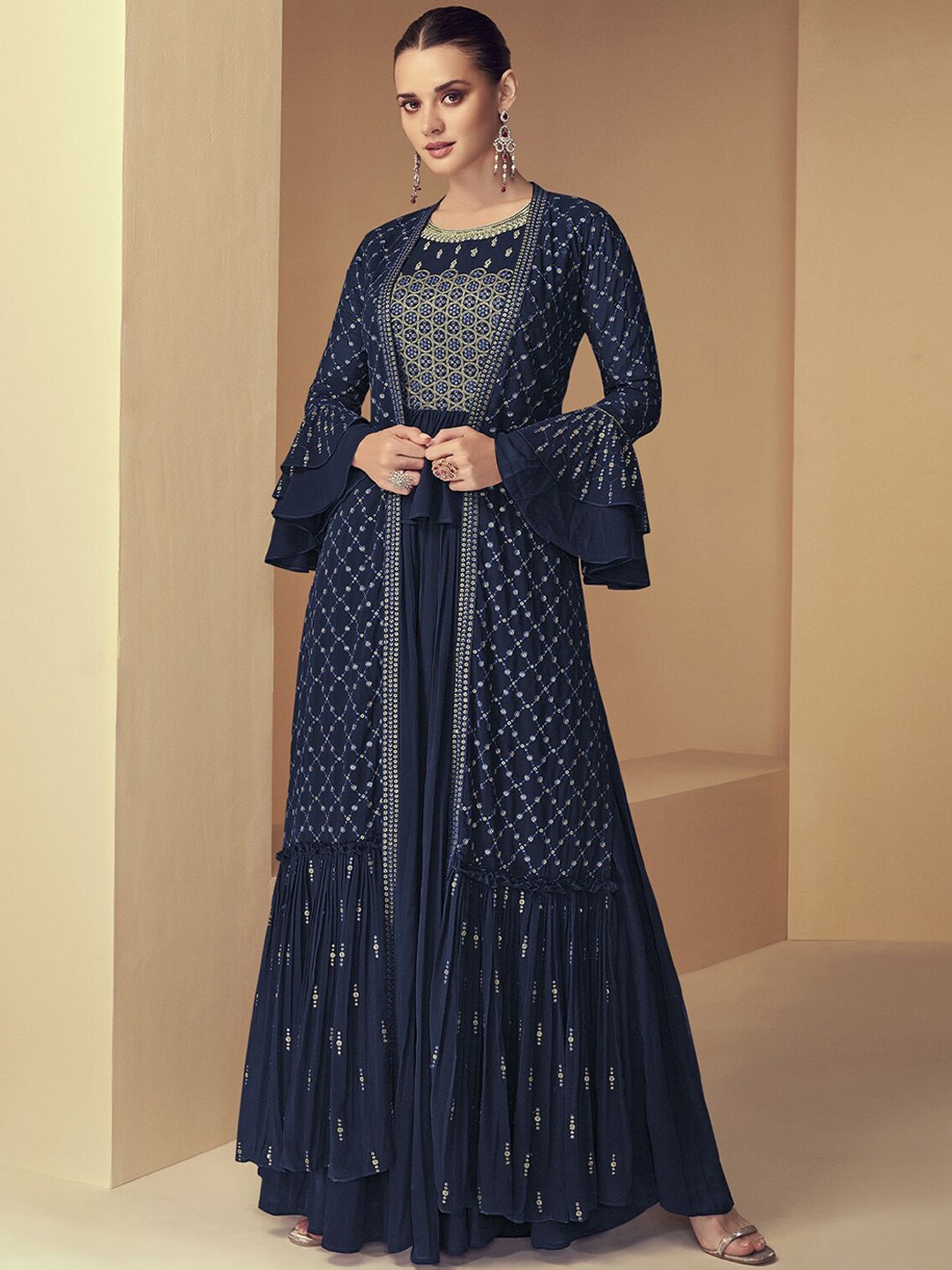 

ODETTE Ethnic Motifs Embroidered Layered Sequinned Top with Skirt, Blue