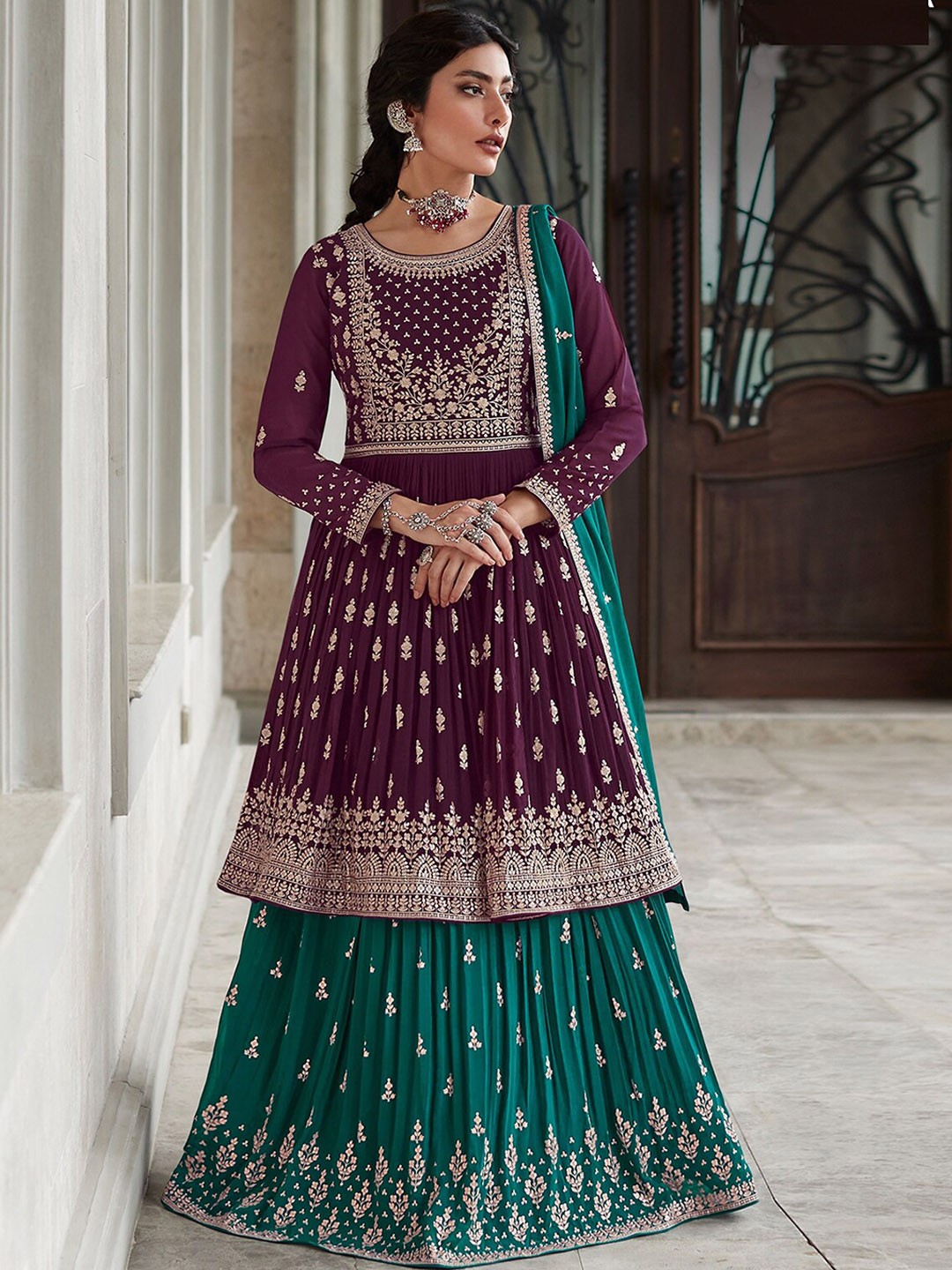 

ODETTE Ethnic Motifs Embroidered Pleated Zardozi Semi Stitched Kurta with Skirt & Dupatta, Purple