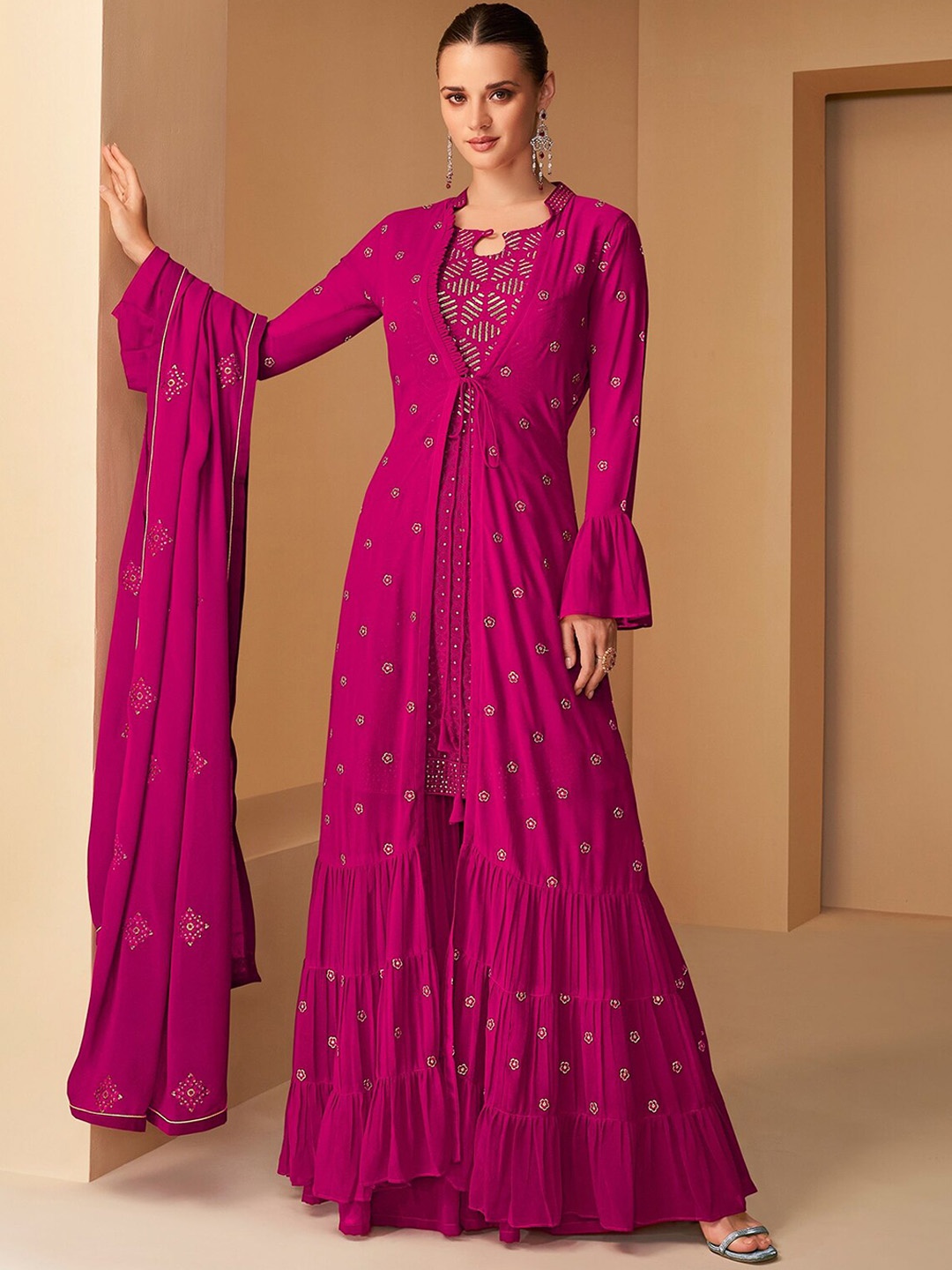 

ODETTE Ethnic Motifs Embroidered Kurta with Palazzos & With Dupatta, Pink