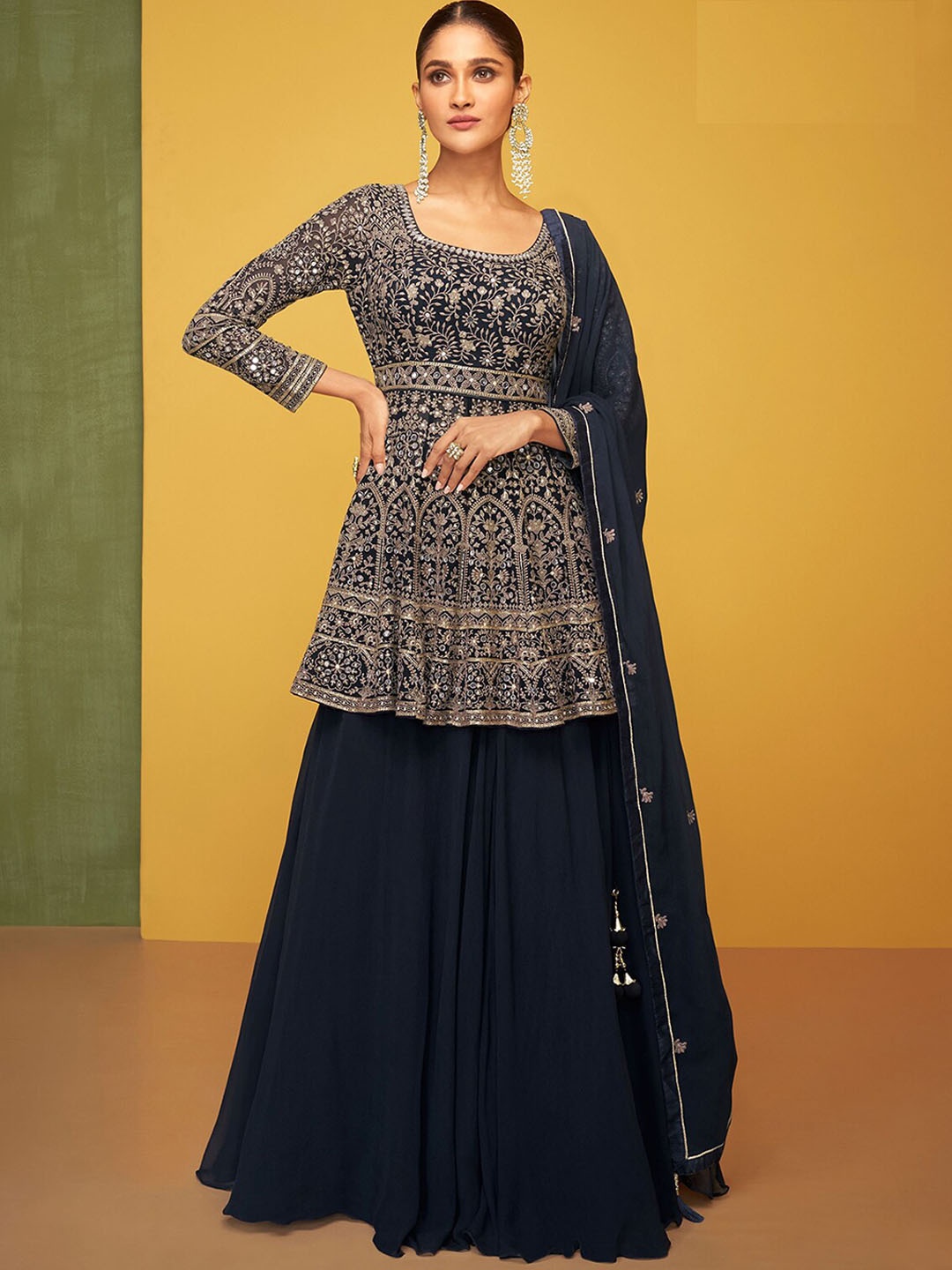 

ODETTE Ethnic Motifs Embroidered Sequinned Kurti With Skirt & With Dupatta, Blue