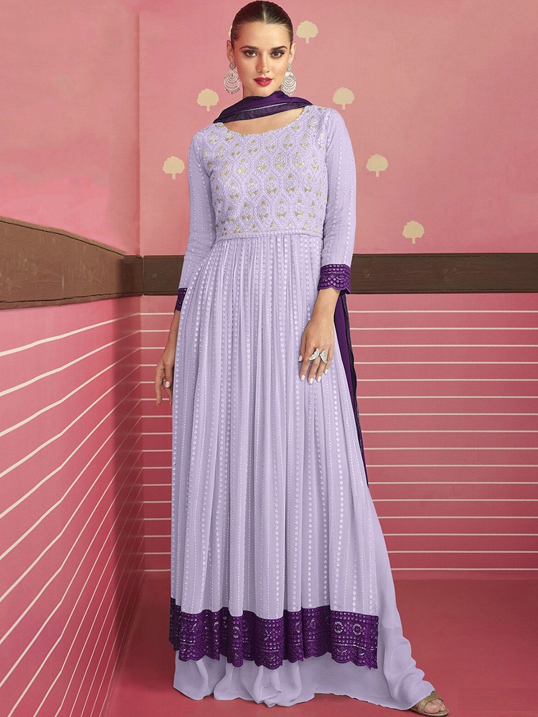 

ODETTE Ethnic Motifs Embroidered Layered Sequinned Kurta With Skirt & With Dupatta, Purple