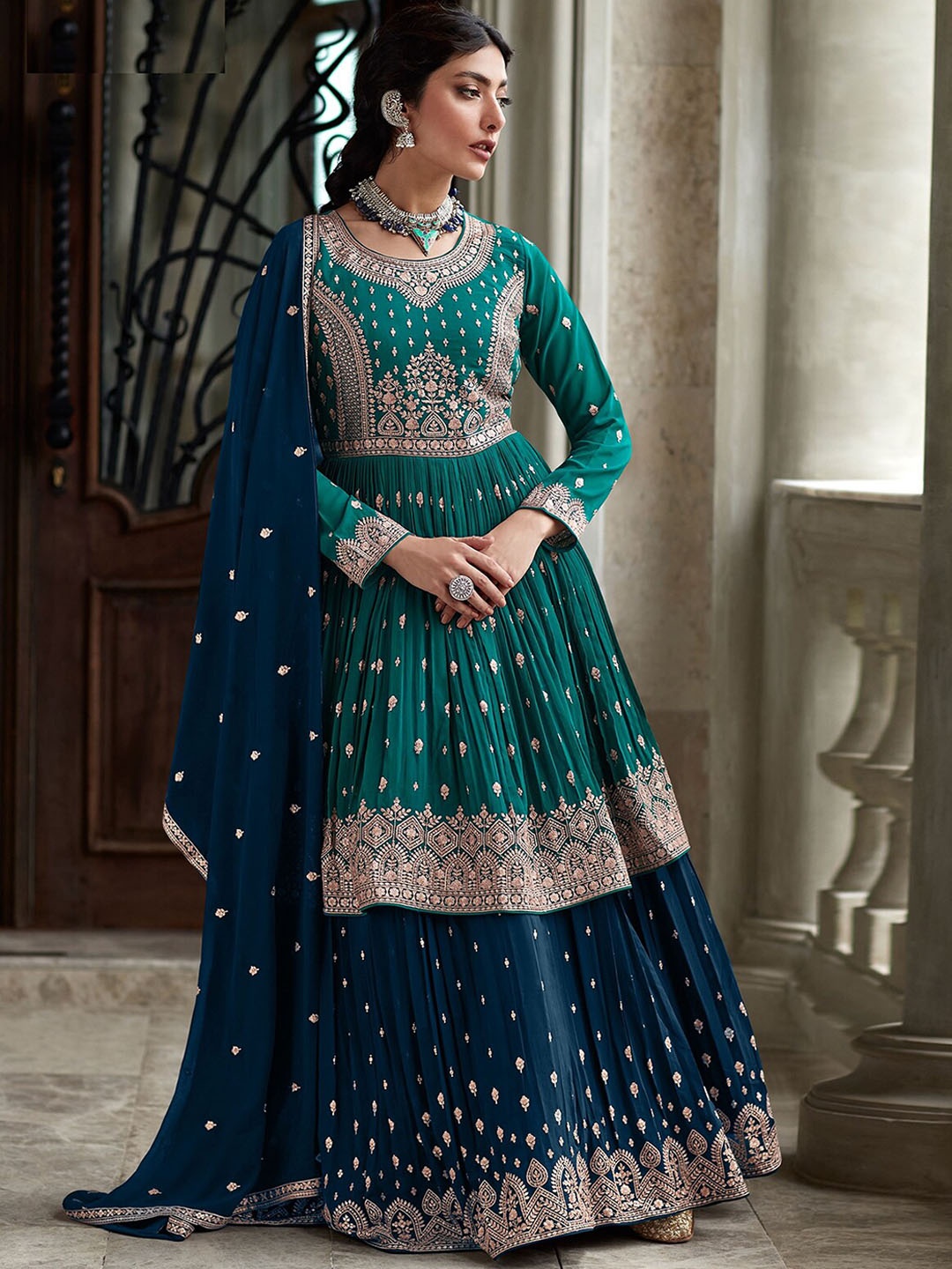 

ODETTE Ethnic Motifs Embroidered Beads and Stones Kurta With Skirt & With Dupatta, Teal