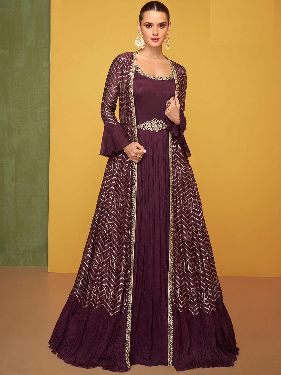 

ODETTE Chevron Zari Embroidered Layered Semi Stitched Kurta With Skirt, Brown