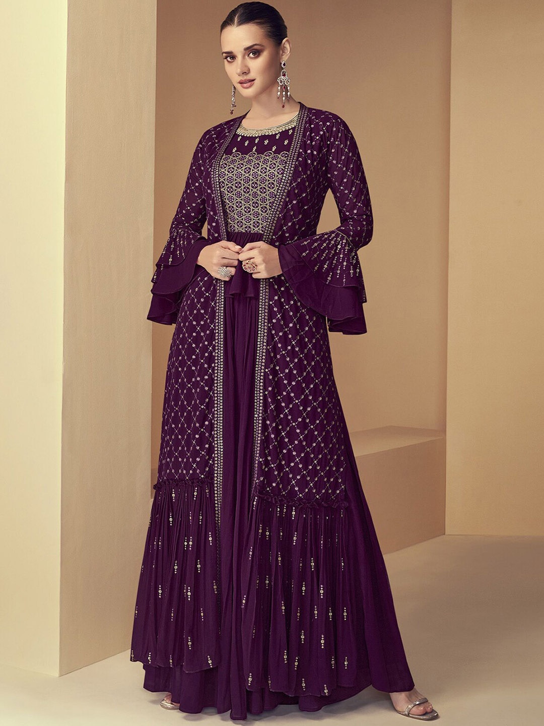 

ODETTE Ethnic Motifs Embroidered Pleated Sequinned Kurta with Palazzos, Purple