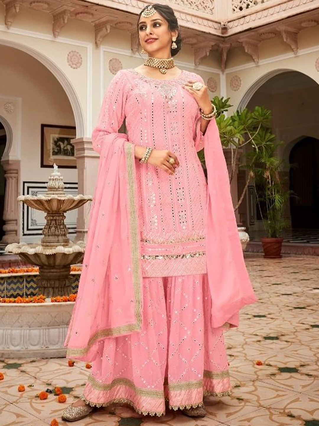 

ODETTE Ethnic Motifs Embroidered Mirror Work Kurta With Palazzos & With Dupatta, Pink