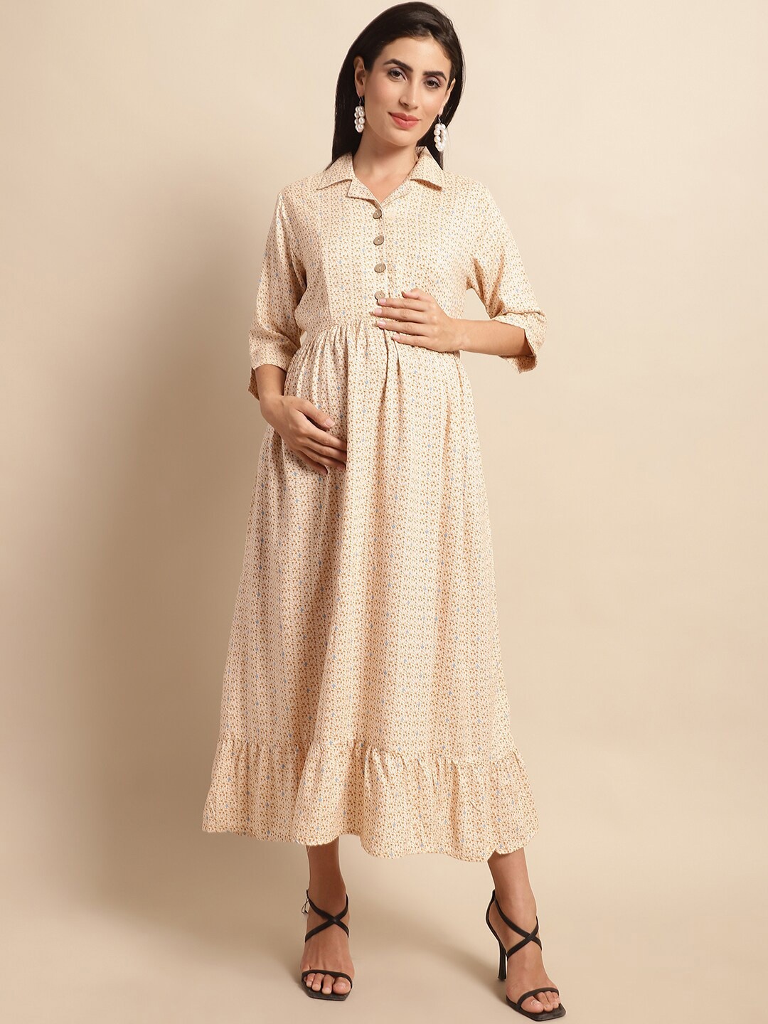 

Frempy Floral Printed Shirt Collar Gathered Fit & Flare Maternity Dress, Off white