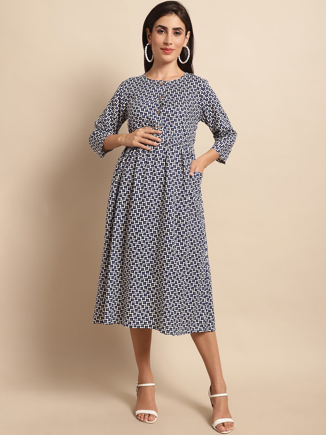 

Frempy Maternity Abstract Printed Tie-Ups Fit & Flare Midi Dress, Navy blue