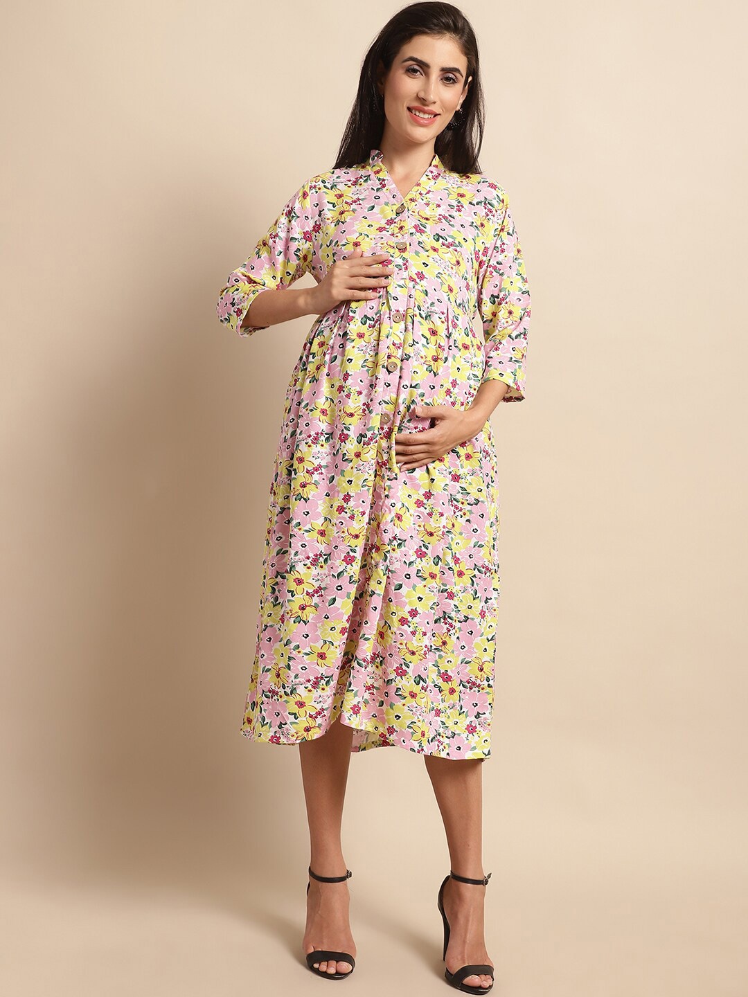 

Frempy Floral Printed Mandarin Collar Maternity Empire Midi Dress, Pink