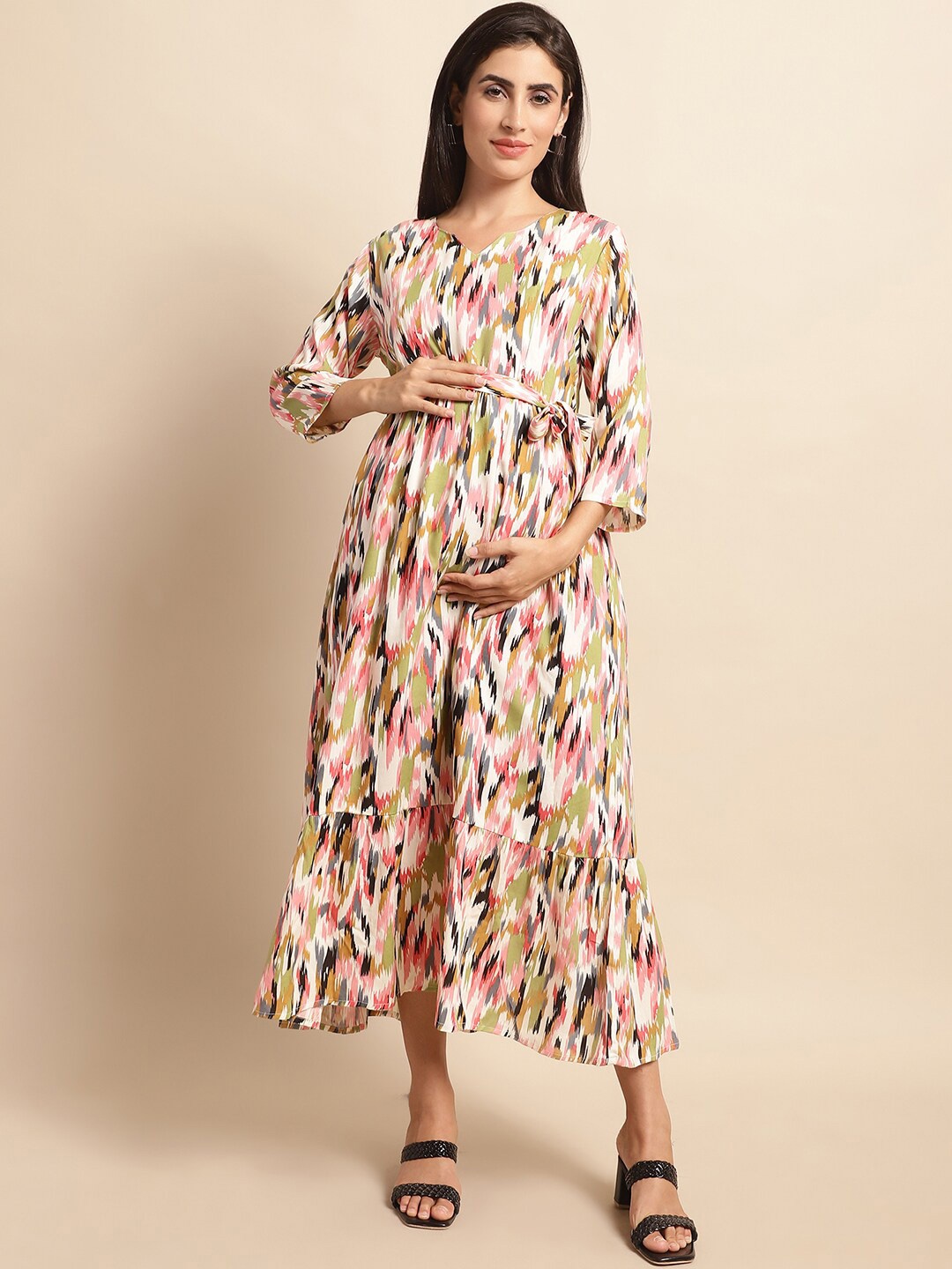 

Frempy Abstract Printed Regular Sleeves Belted Maternity Fit & Flare Midi Dress, Off white