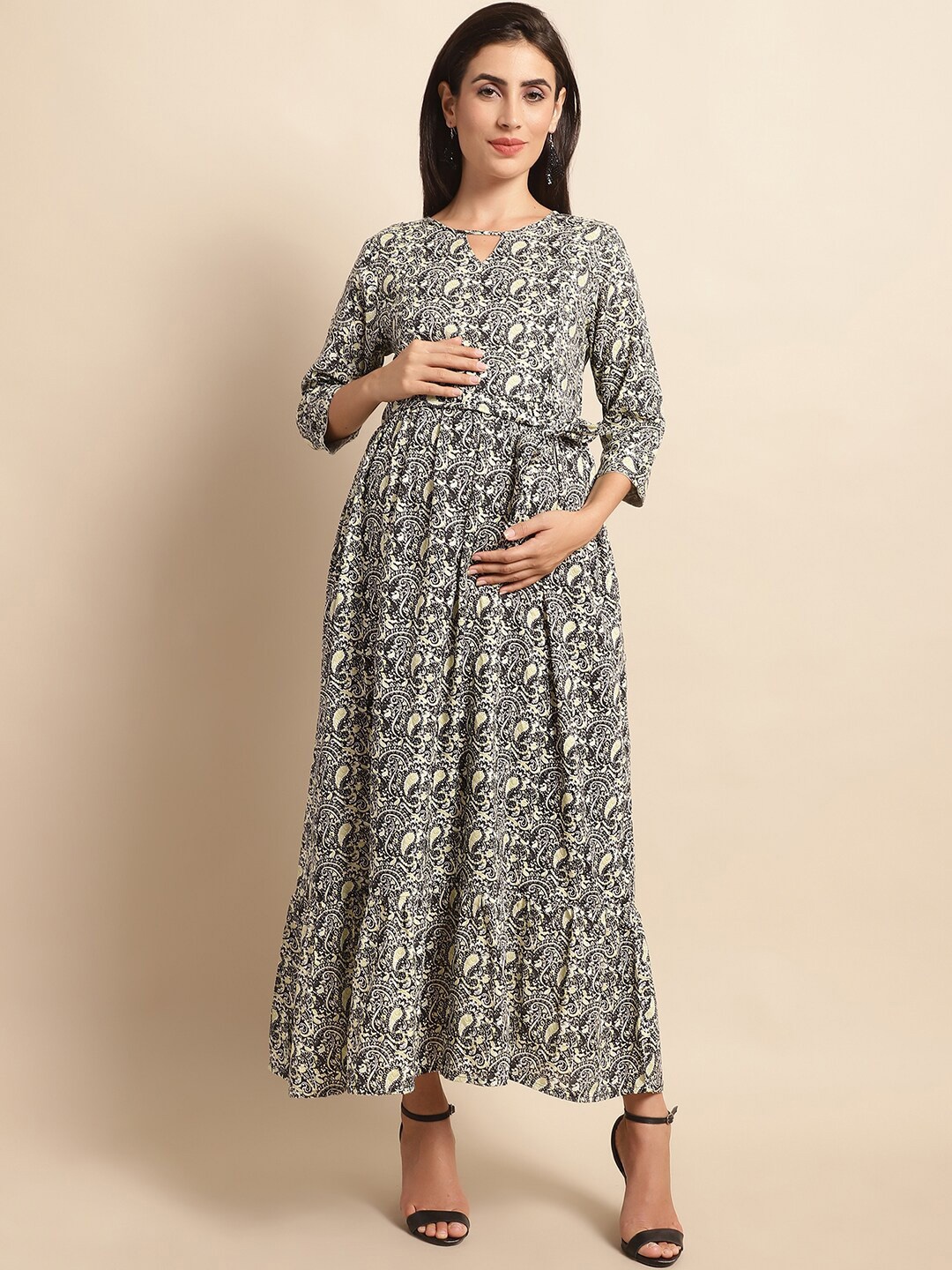 

Frempy Ethnic Printed Gathered Details Maternity Fit & Flare Dress With Belt, Black