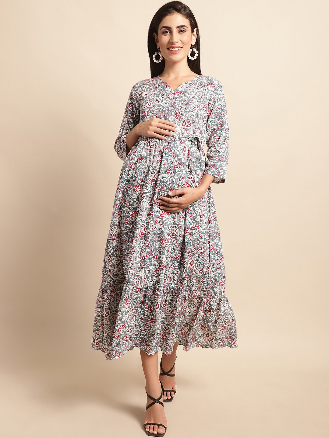 

Frempy Ethnic Motifs Printed Tie-Ups Maternity Fit & Flare Midi Dress, Grey