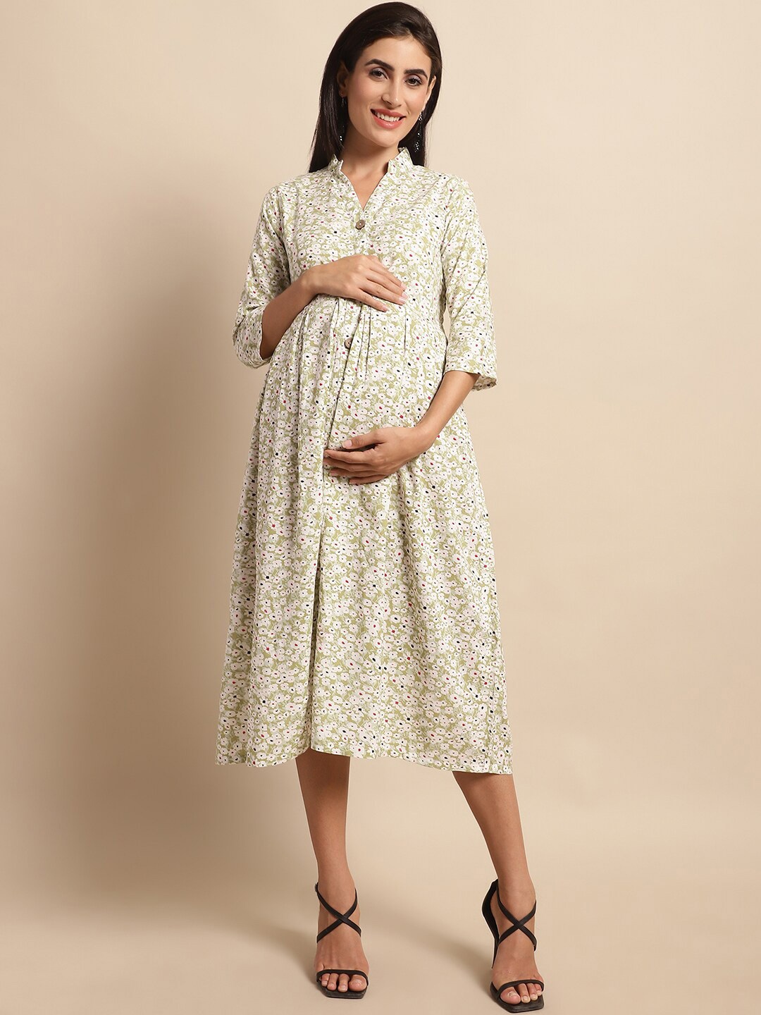 

Frempy Floral Printed Shirt Collar Gathered Fit & Flare Maternity Dress, Beige