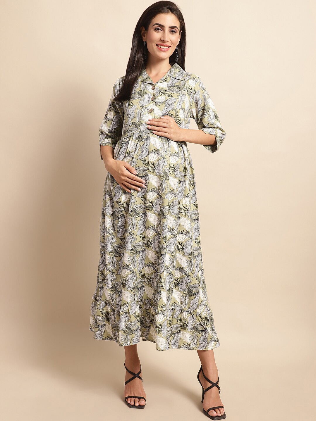 

Frempy White Maternity Tropical Printed Tie-up Fit & Flare Midi Dress