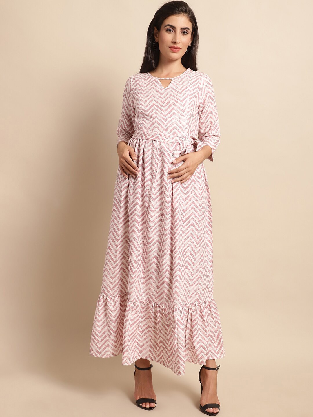 

Frempy Chevron Printed Keyhole Neck Maternity Feeding Maxi Dress, White