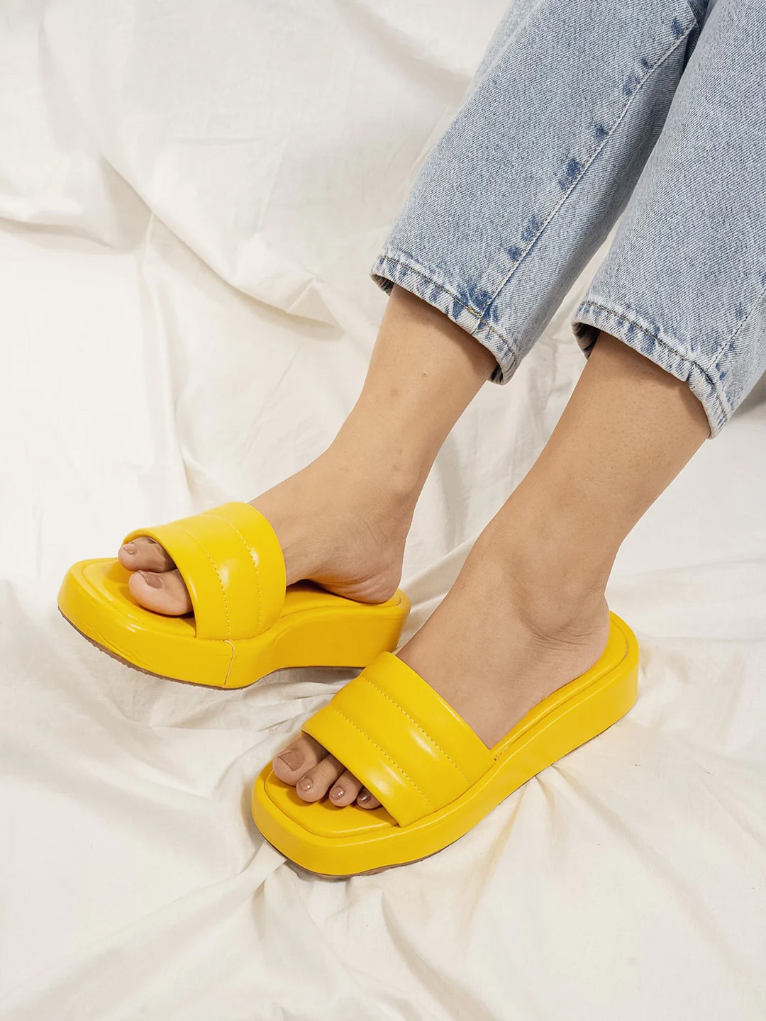 

HASTEN Open Toe Flatform Heels, Yellow