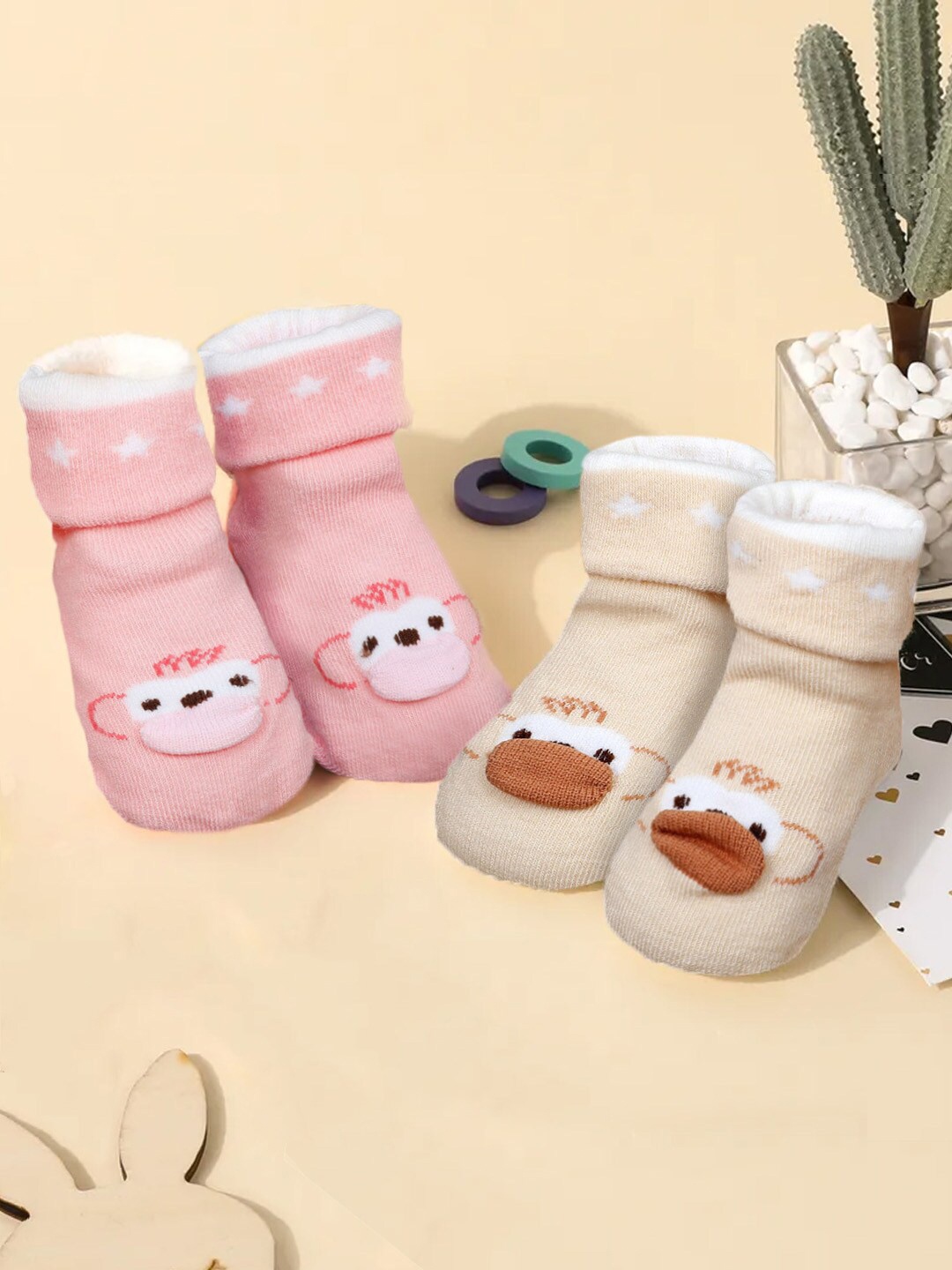 

Baby Moo Infants Pack Of 2 Patterned Cotton Ankle-Length Socks, Beige