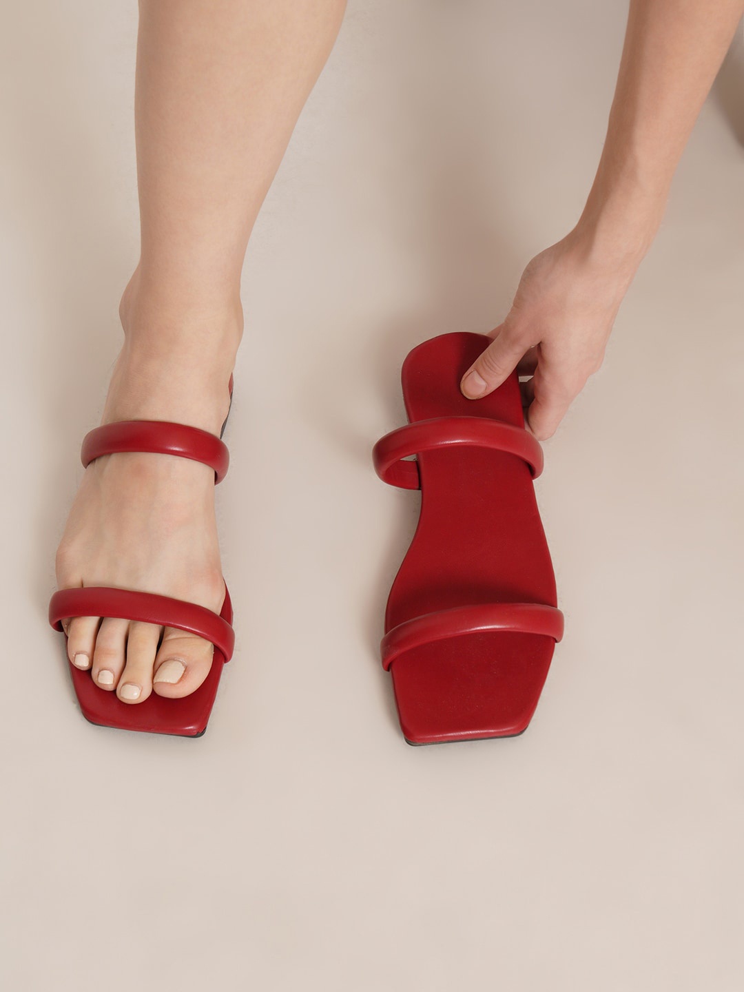 

HASTEN Women Two Strap Open Toe Flats, Red