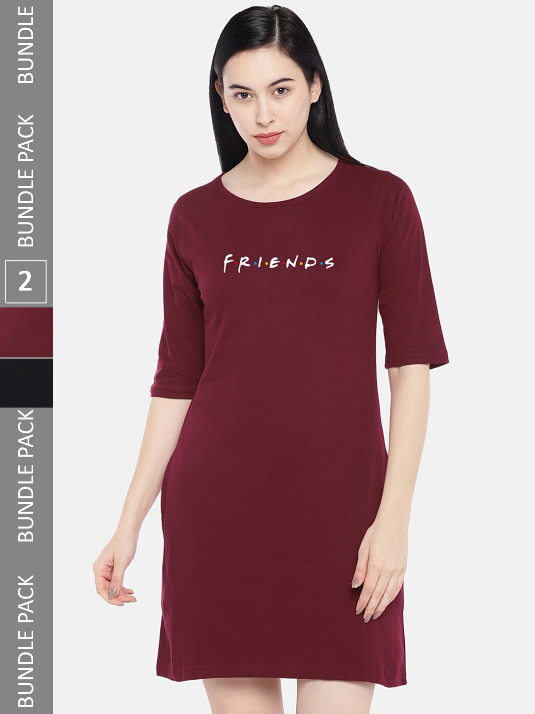 

STATUS MANTRA Pack Of 2 Printed Pure Cotton T-shirt Dress, Maroon