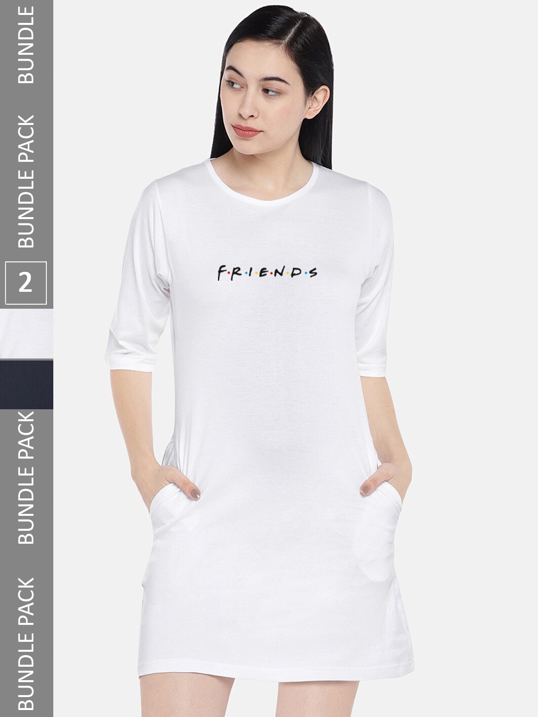 

STATUS MANTRA Pack Of 2 Printed Pure Cotton T-shirt Dress, White