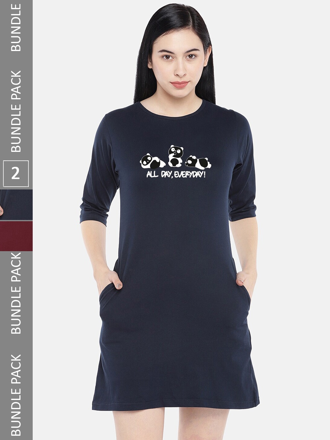 

STATUS MANTRA Pack Of 2 Printed Pure Cotton T-shirt Dress, Navy blue