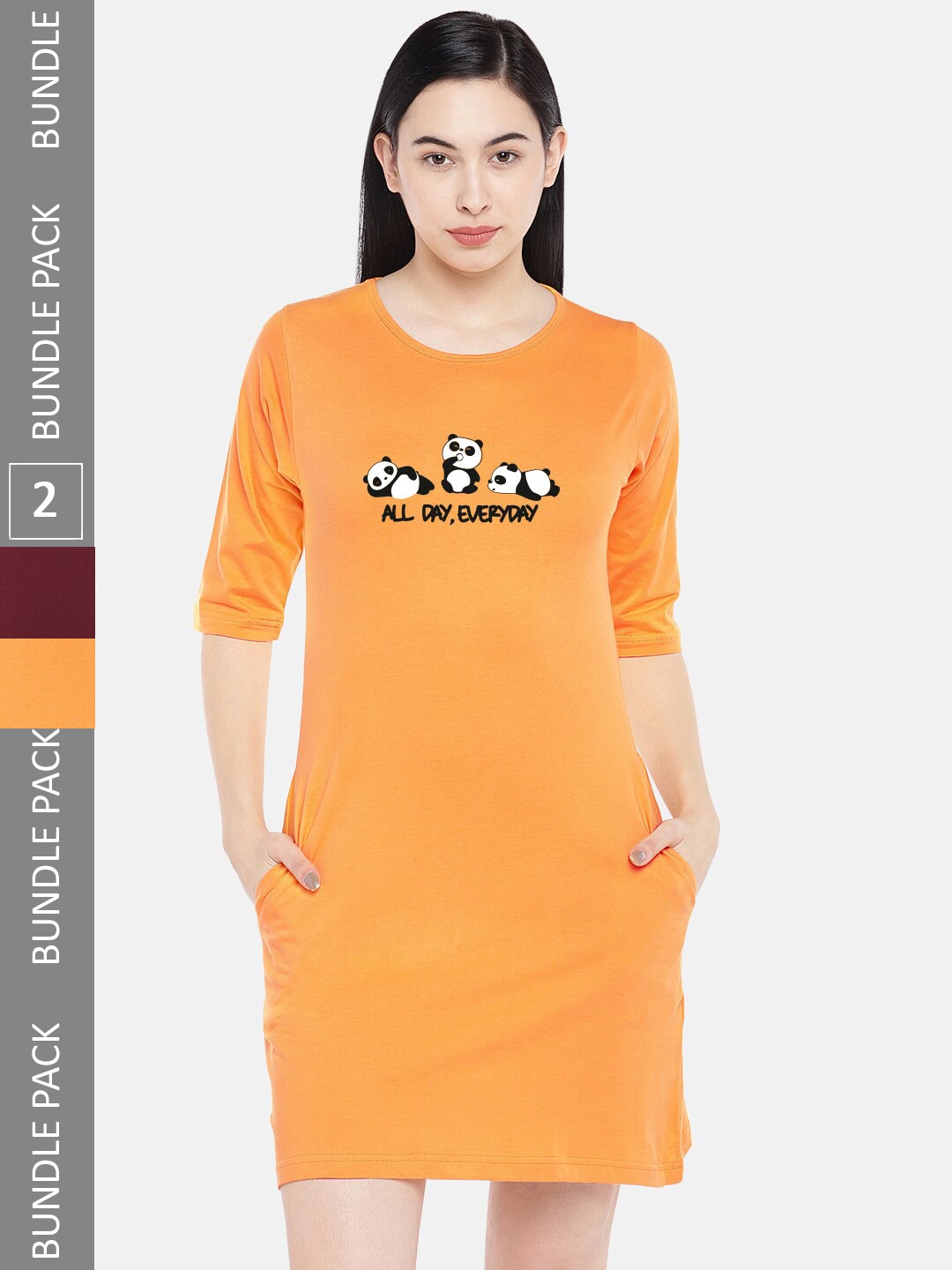 

STATUS MANTRA Pack Of 2 Printed Pure Cotton T-shirt Dress, Yellow