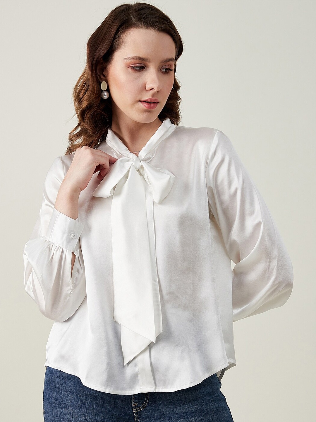 

JUNE & HARRY Tie-Up Neck Satin Shirt Style Top, White