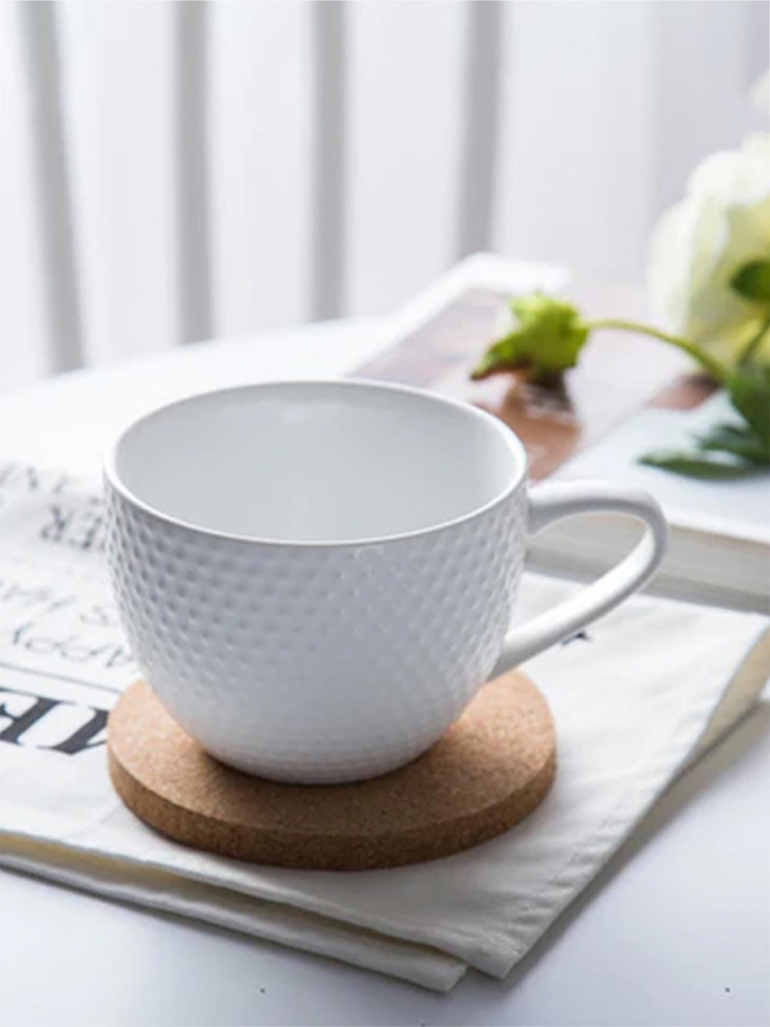 

Nestasia White 2 Pieces Textured Ceramic Cup & Wooden Coaster-400 ml