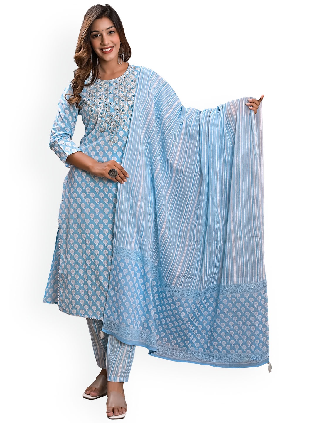 

KASHEEDA Ethnic Motifs Embroidered Thread Work Pure Cotton Kurta with Trousers & With, Blue