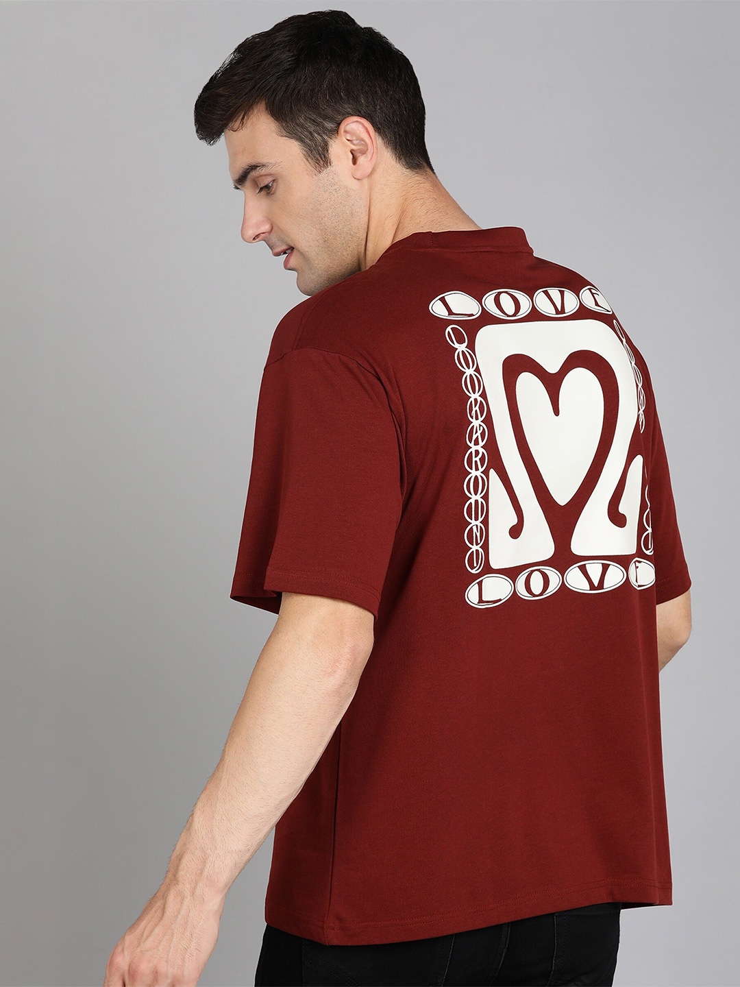 

Alan Jones Graphic Printed Drop Shoulder Pure Cotton Oversized T-shirt, Maroon