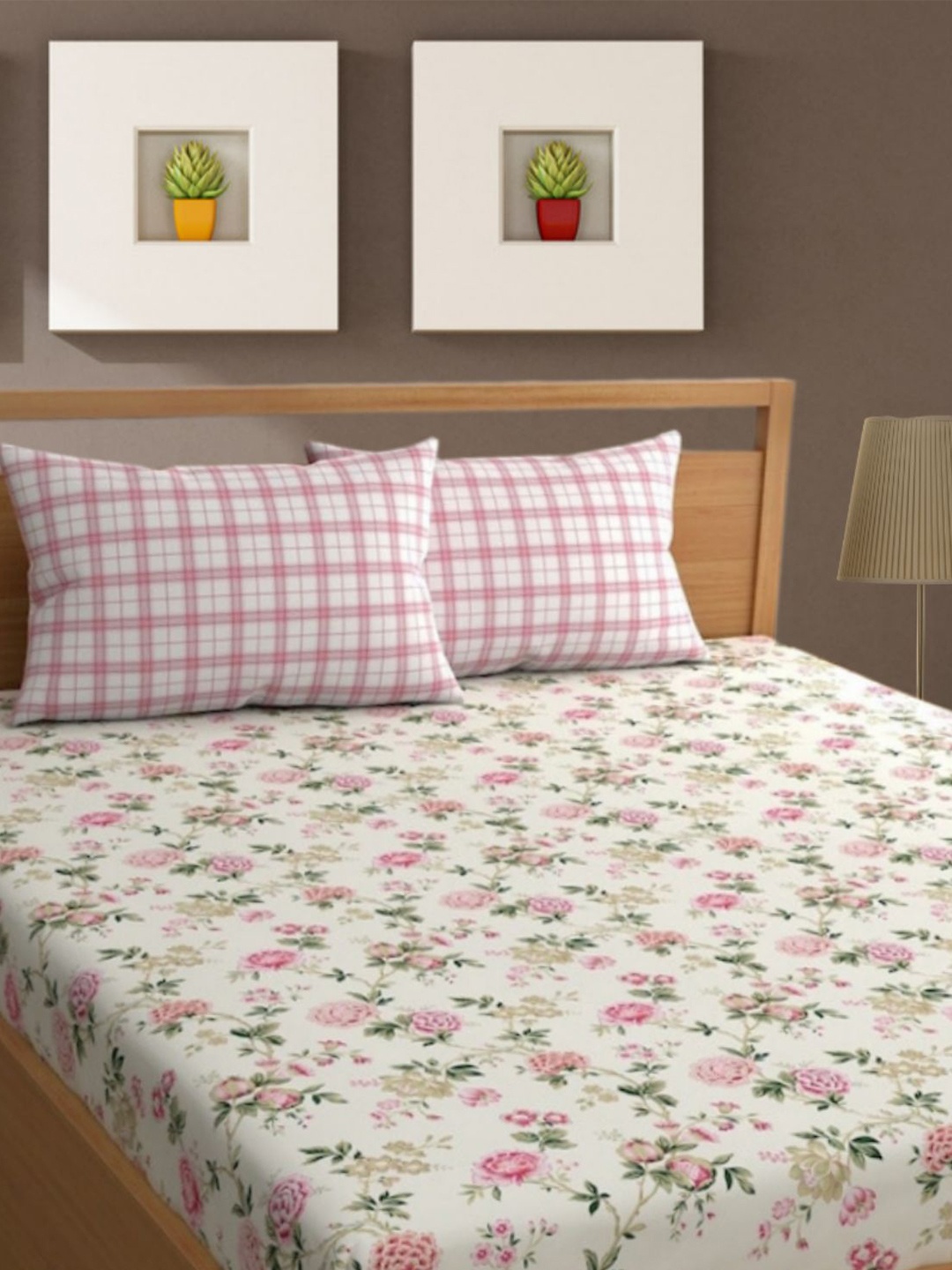 

Bajo's White & Pink Floral 350 TC Cotton King Bedsheet & 2 Pillow Covers