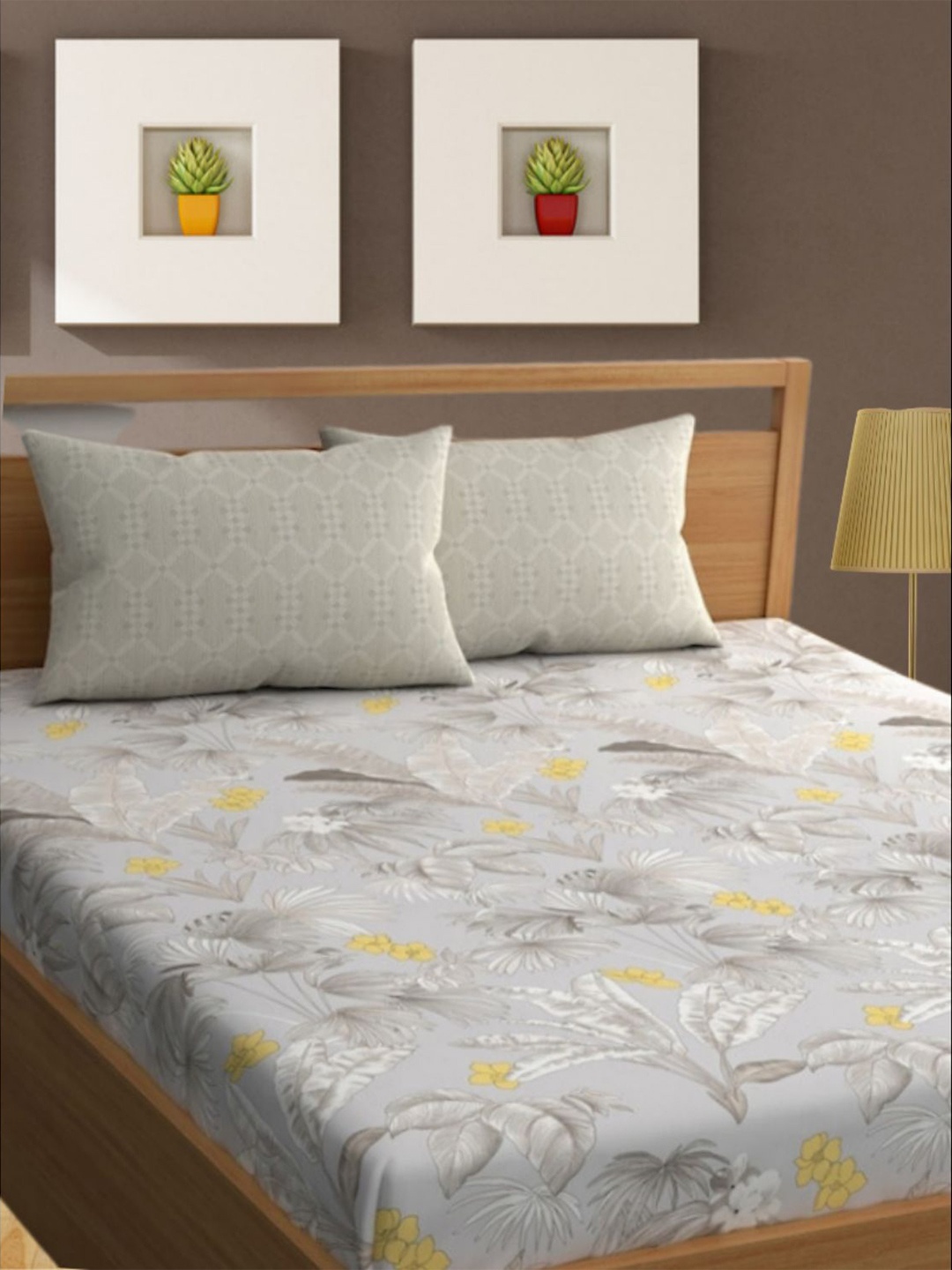 

Bajo's Grey & White Floral Cotton 350 TC King Bedsheet With 2 Pillow Covers