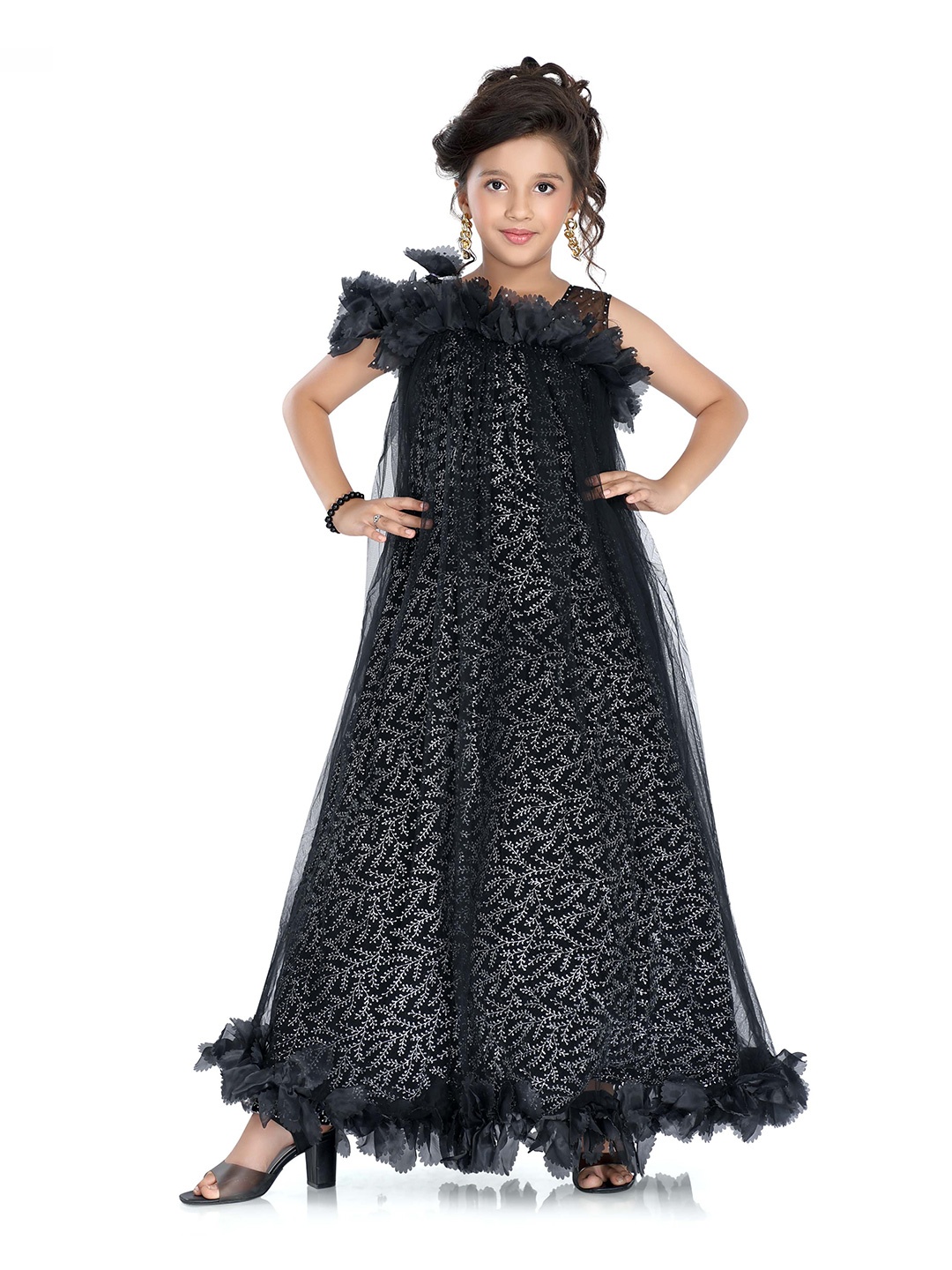 

ROVARS Embellished Ruffles Detail Net Maxi Party Dress, Black